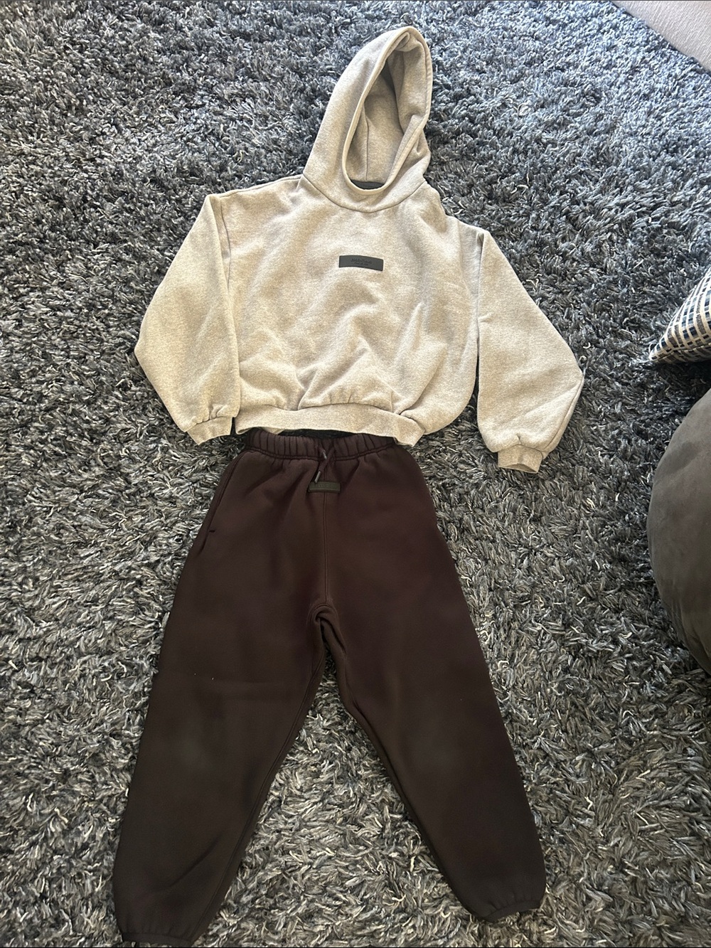 Fear of God Essentials kids Hoodie & Joggers Set in Black and Light Gray